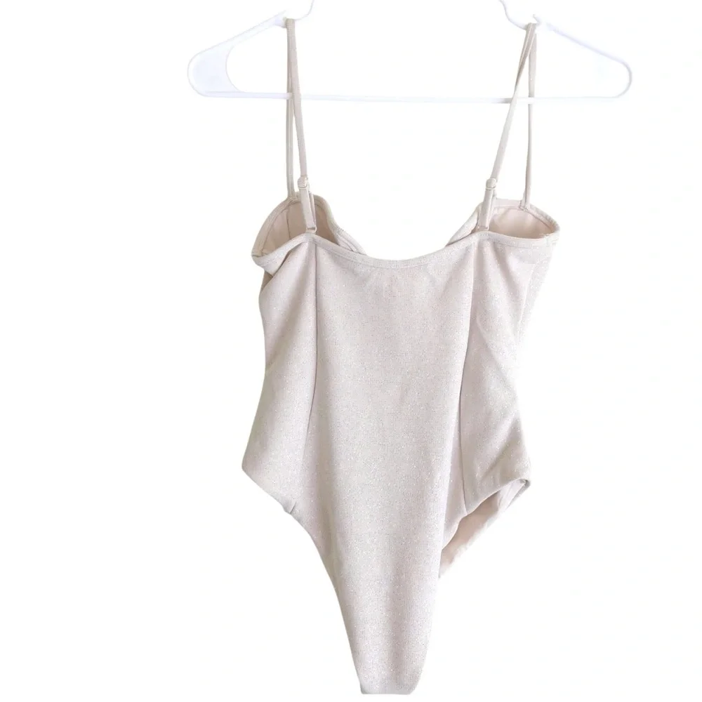 DEVON WINDSOR JOELLE ONE PIECE SWIMSUIT Champagne Glitter V Neck Size XS